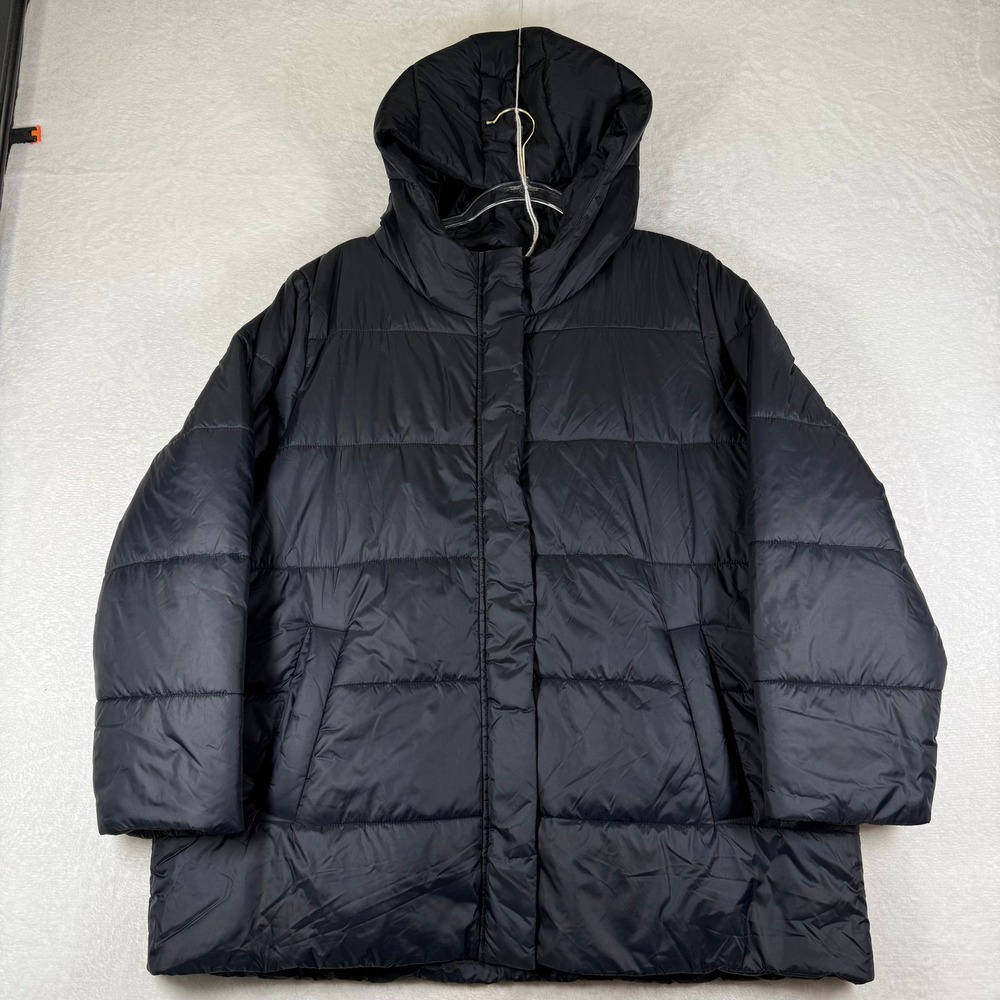 Eileen Fisher Black Hooded Quilted Puffer Jacket Zip Snap Coat Large